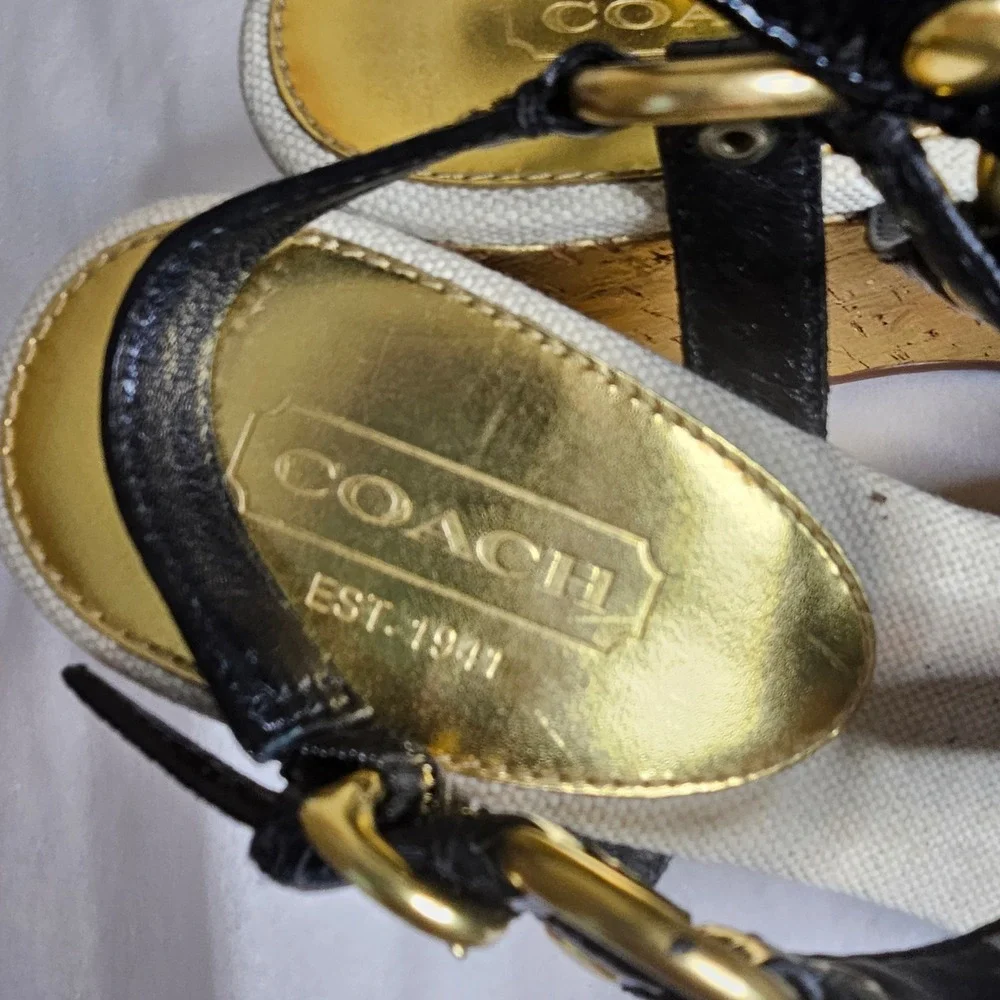 Coach Mercy Black Patent Leather Gold Metallic Cork Wedge Sandals Womens 8.5